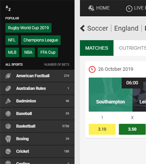 Unibet navigation screenshot